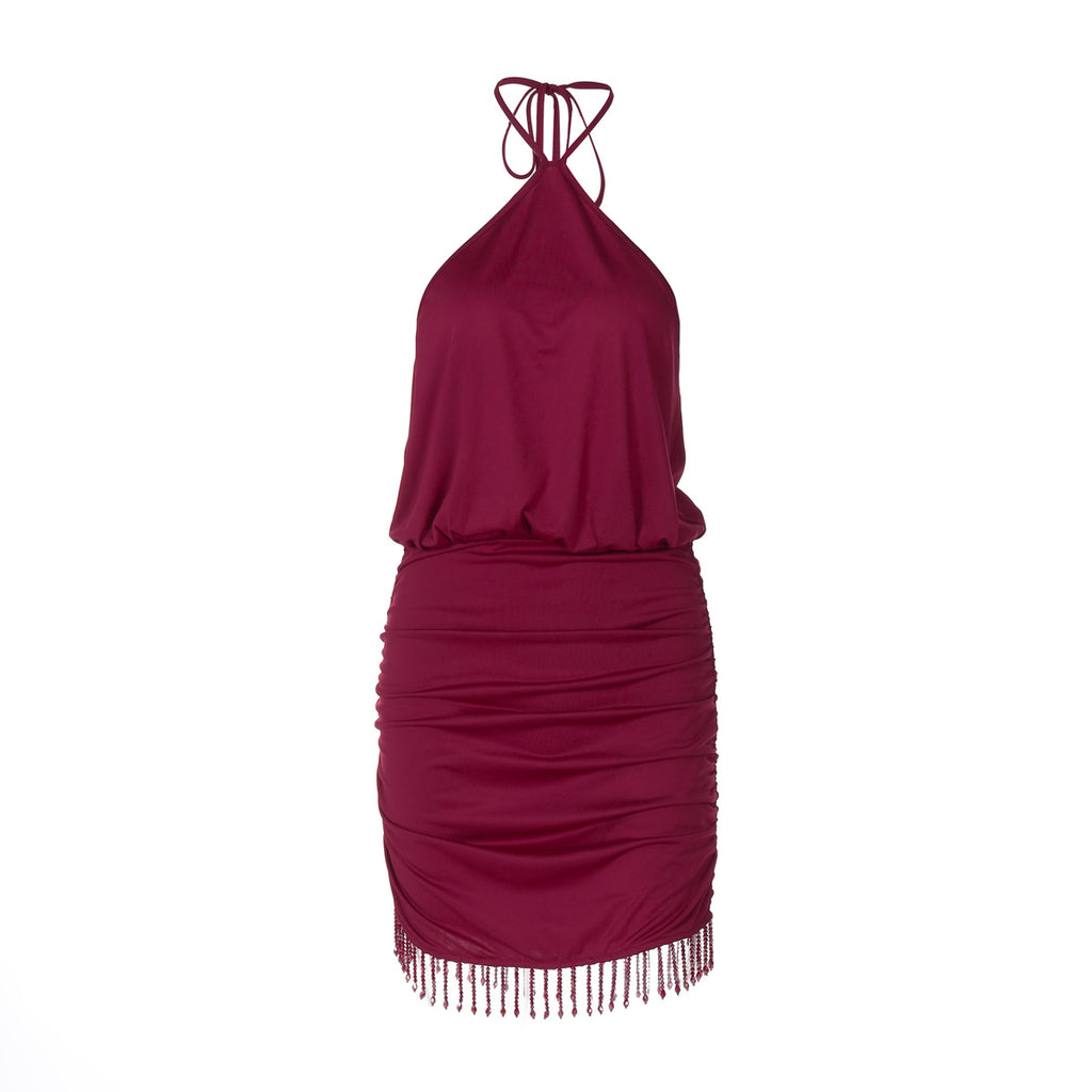 Vestido ajustado de otoño con encaje y cuello halter, sexy, sin espalda y con borlas de cristal para mujer