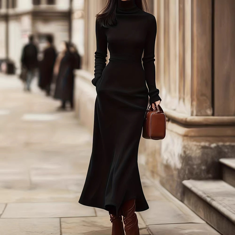 Spring Autumn Women Clothing High Collar Slim Fit Long Sleeves Knitted Dress