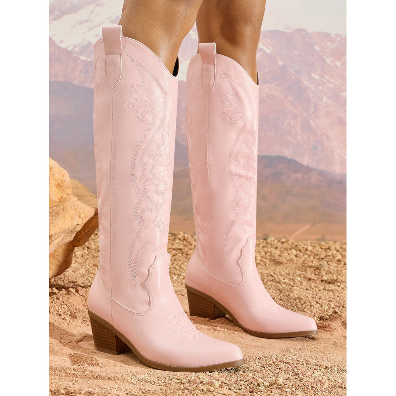 Thick Knight Boots Retro Knee High Boots Cowboy Boot Thick Heel Pointed Embroidery Thread Pattern Women Boots