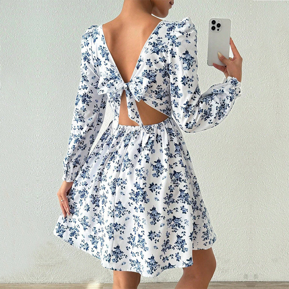 Robe élégante à col carré français pour femme, automne-hiver, taille haute, dos nu, laçage floral.