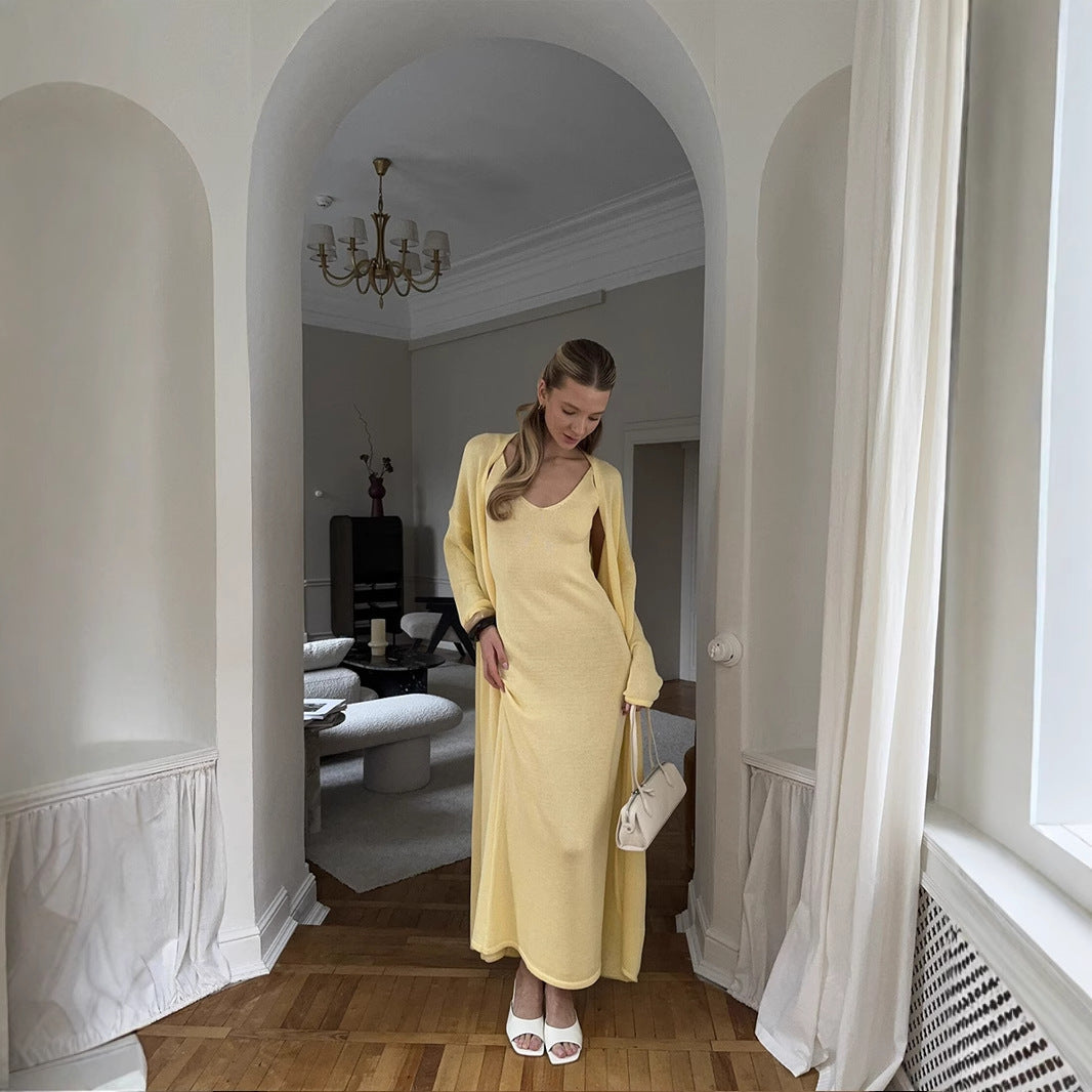 Knitted Hollow Out Cutout Vest Long Dresses Long Sleeve Cardigan Suit Women Soft Knitted Blouse