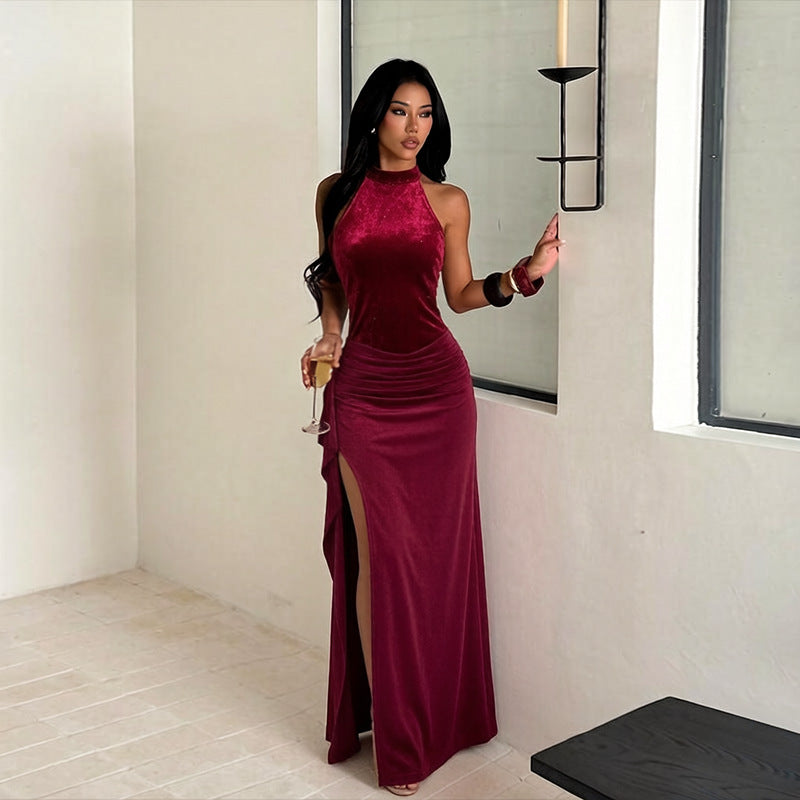 Halter Sequined Elegant Dress Sexy Split Pleated Dress for Women