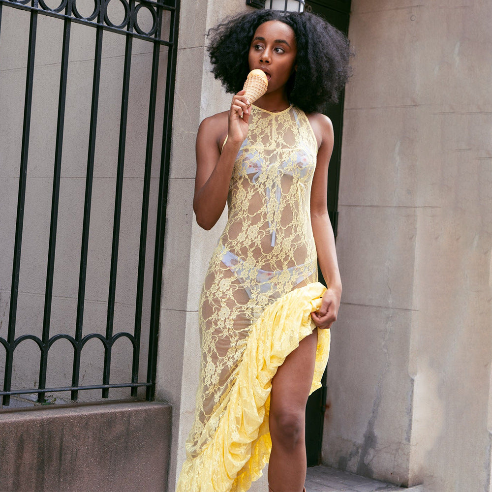 Vestido largo asimétrico irregular de encaje transparente de verano sin mangas con cuello redondo para mujer