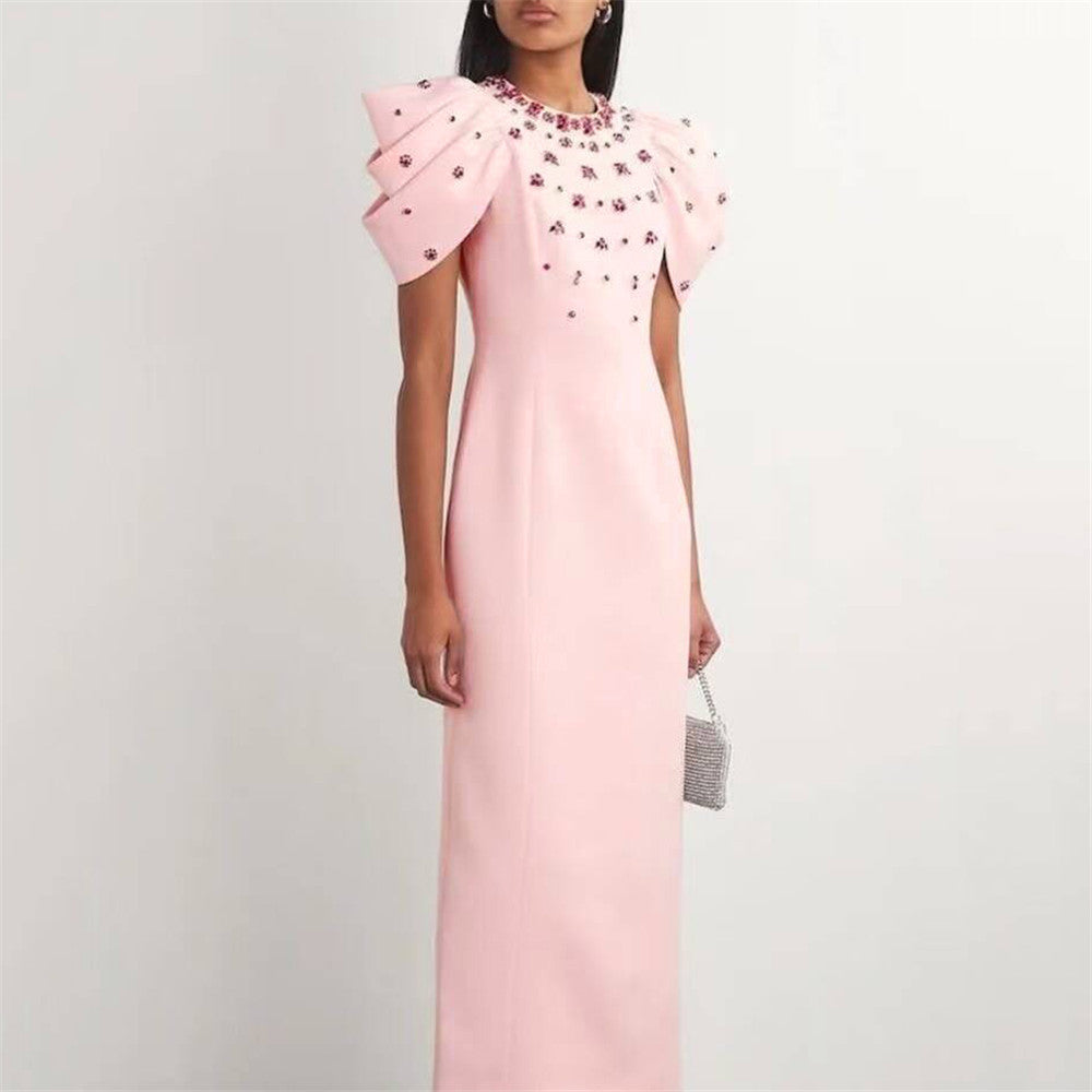 Lotus Leaf Sleeve Rhinestone Bandage One Piece Dress Ladies Party Cocktail Elegant Formal Dress