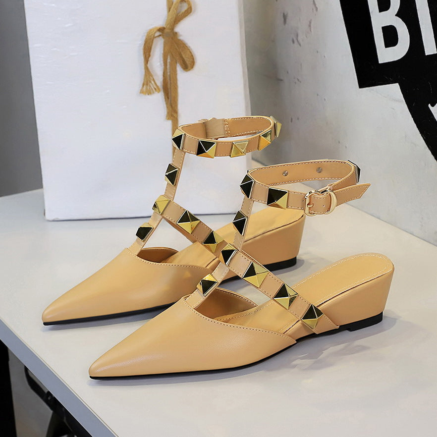 French Wedge Pointed Toe Sandals Women Classic Rivet Design Buckle Comfortable Closed Toe Back Empty Shoes