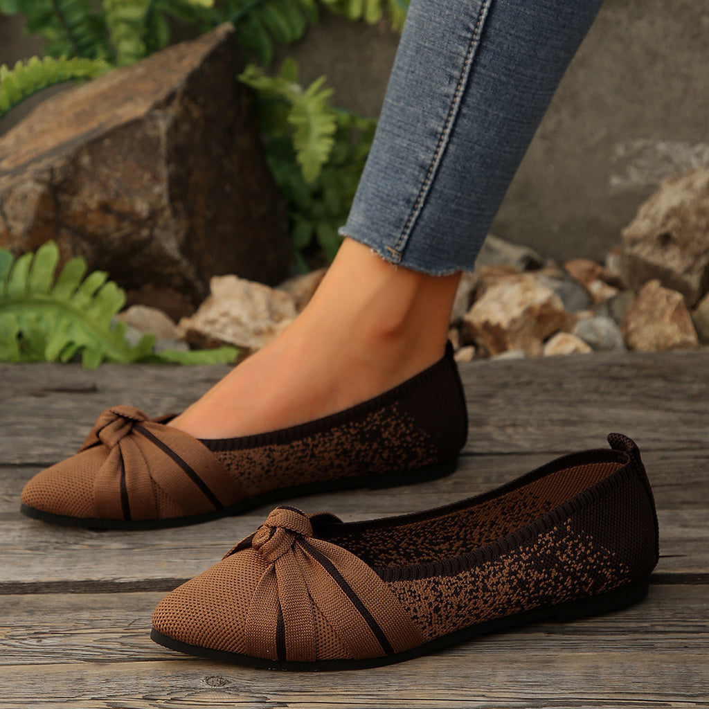 Lightweight Flyknit Soft Bottom Gommino Women Spring Autumn Color Blocking Bow Shallow Mouth Pumps