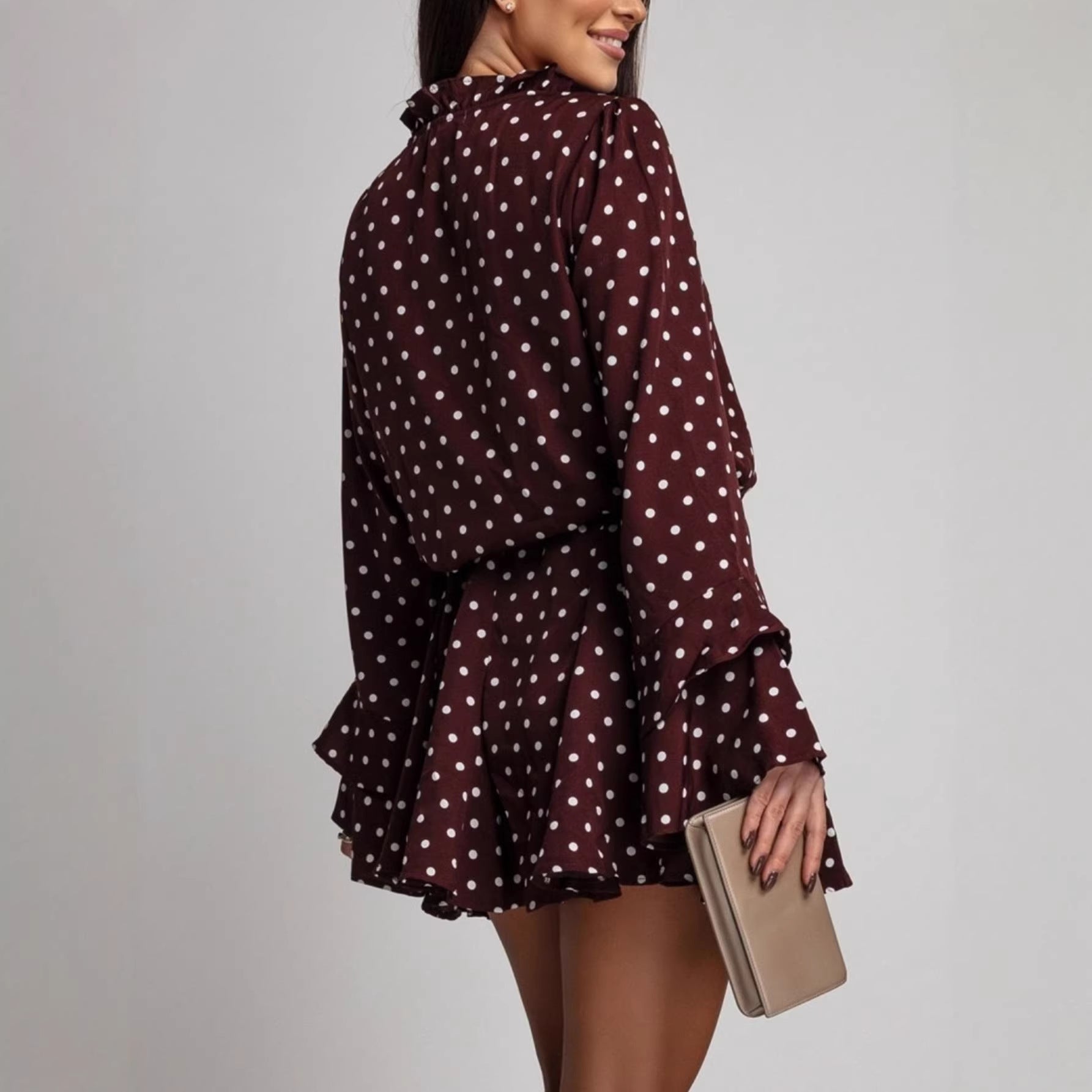 Women Polka Dot V neck Long Sleeve Dress