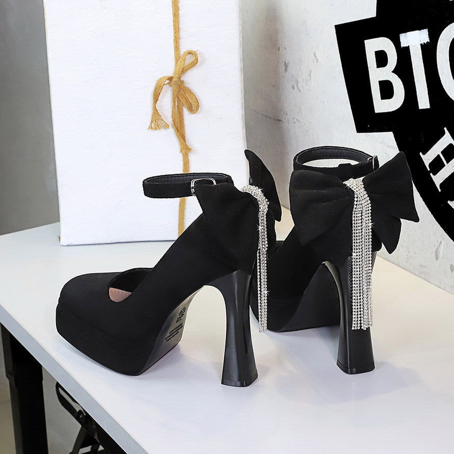 French Wind Black Cocktail round Head Super High Heel Platform Women Shoes Back Bow Rhinestone Shoes