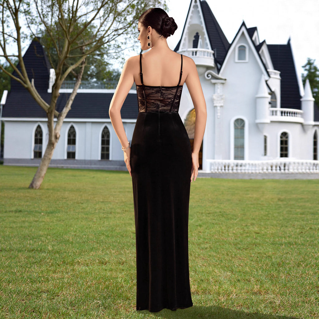 Vestido de noche sexy y puro con tirantes de encaje y patchwork ajustado para cóctel