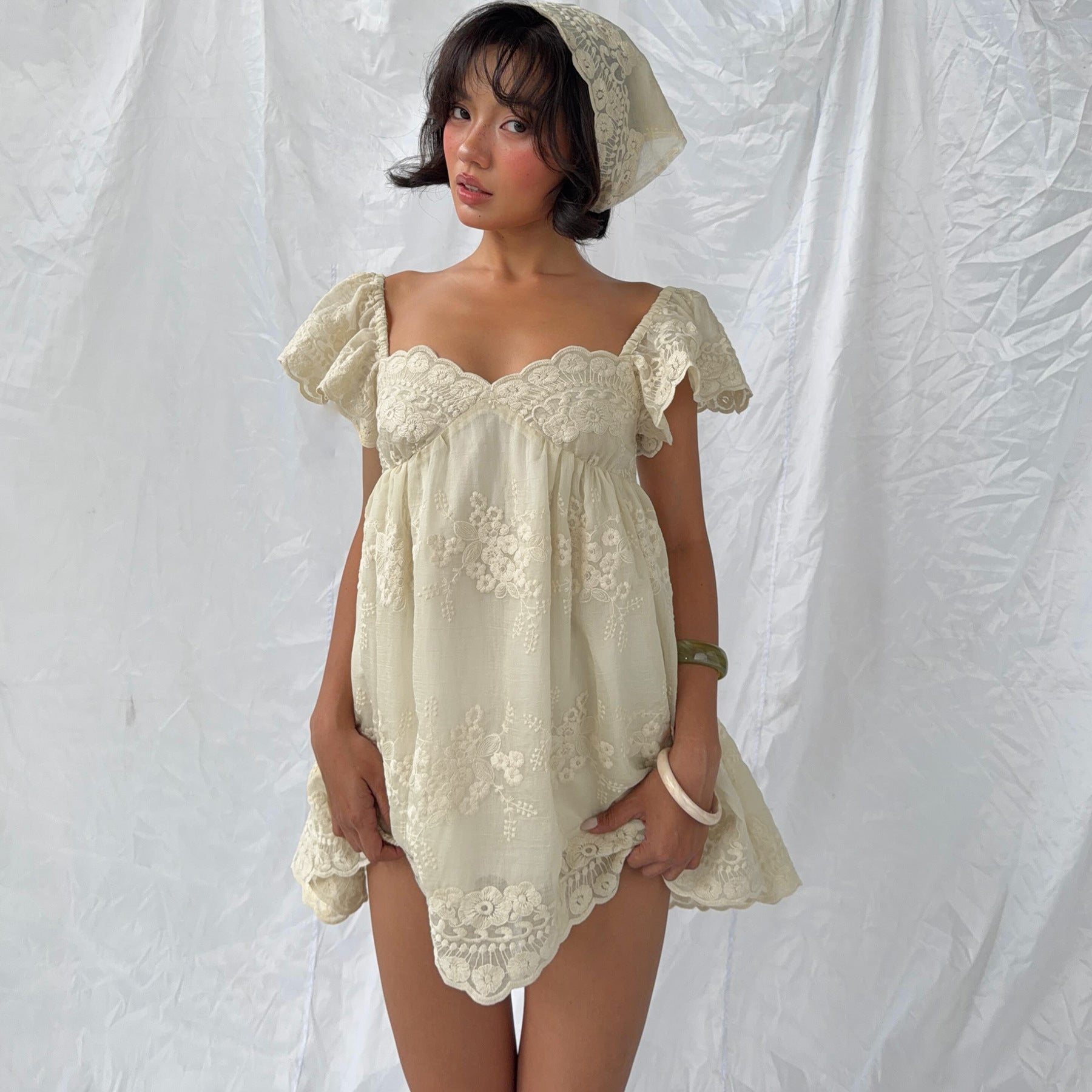 Women Clothing Summer Lace Embroidered Loose Puff Sleeves Sweet Elegance Dress