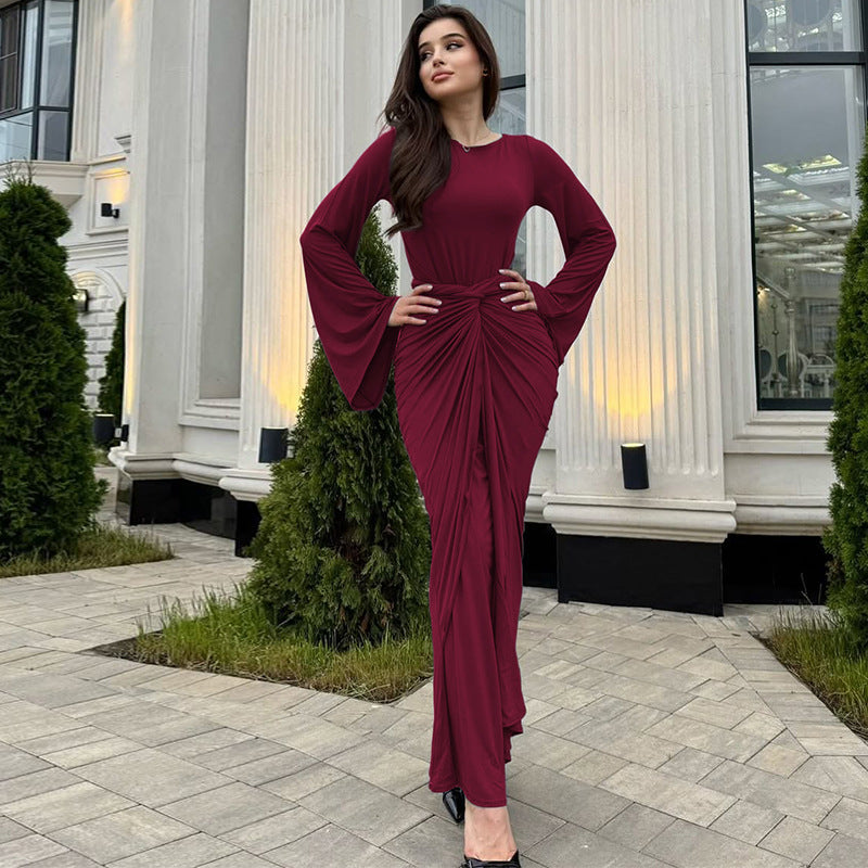 Women Clothing Autumn Pleated Waist Tight Lace up Long Sleeve Dress Women