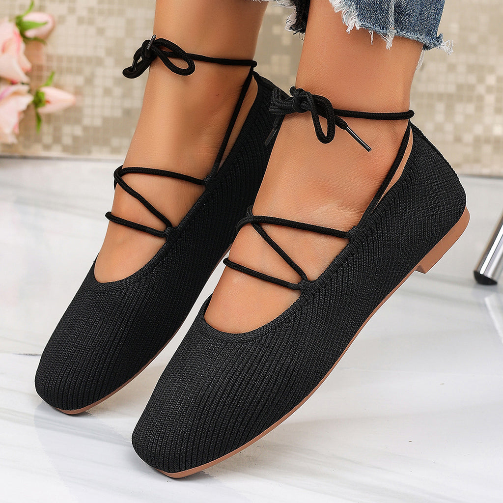 Arrival Square Toe Mary Jane Low Top Shoes Women Summer Flyknit Shallow Mouth Flat Bottom Lace up Boat Shoes
