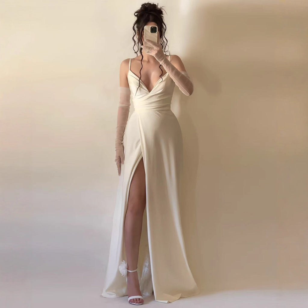 Autumn Winter Elegant Sexy Sling Slit V neck Pleated Ball Dress