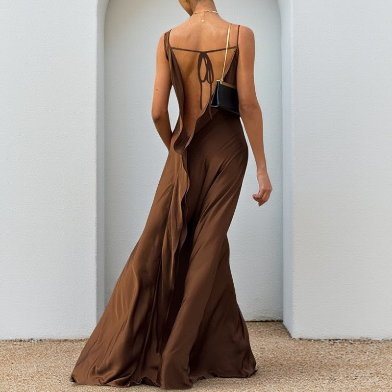 Summer Slim Fit Maxi Dress Autumn Casual Strap Satin Dress for Women