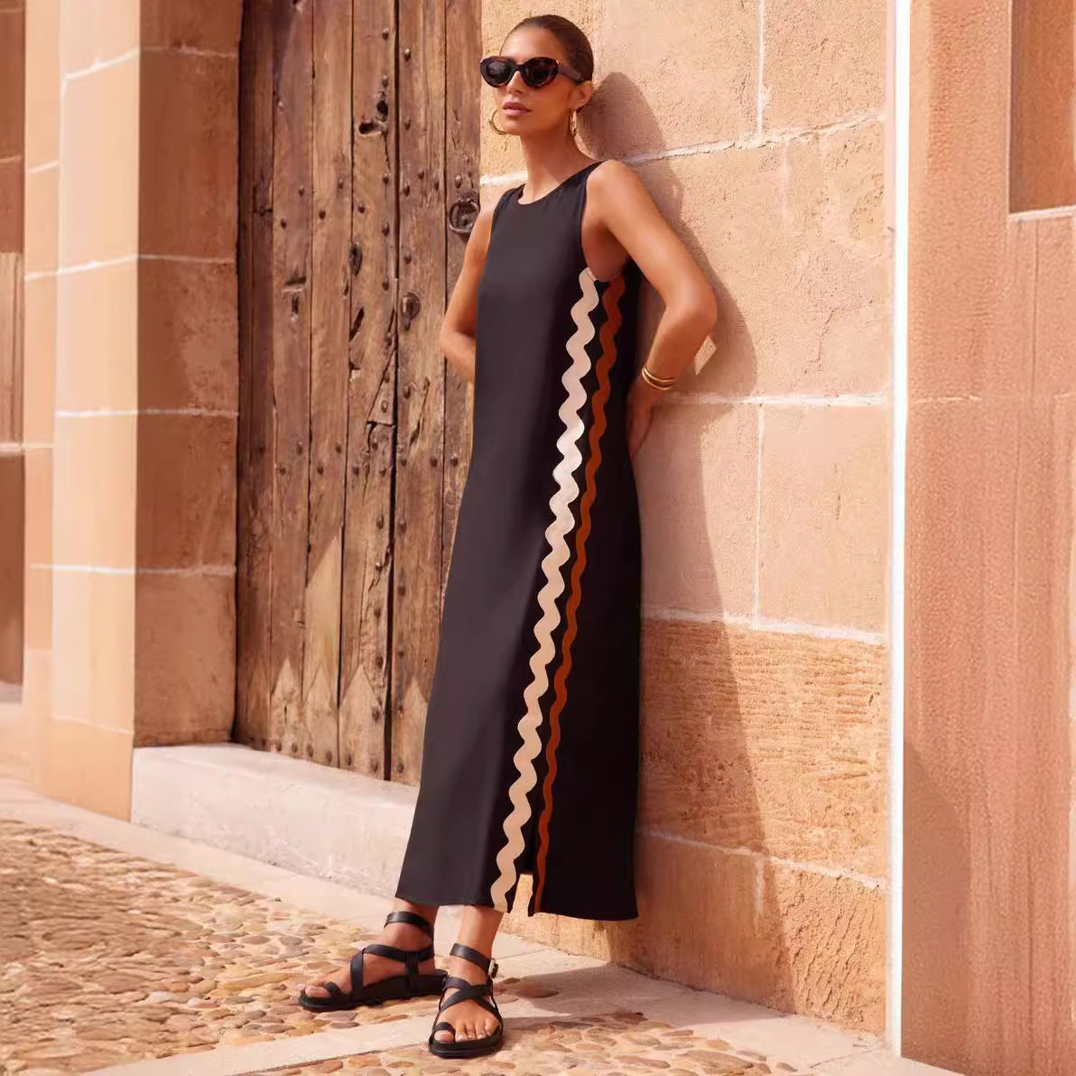 Robe mi-longue décontractée printemps-été, col rond, couleur unie, coutures en dentelle