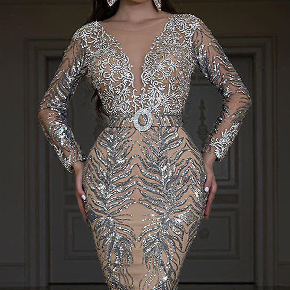 Robe de soirée sexy à manches longues et coupe sirène, effet bronzé, manches longues.