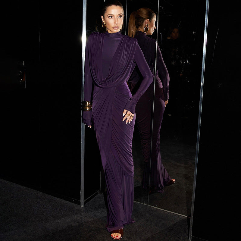 Autumn Winter Slim Half Turtleneck Solid Color Irregular Asymmetric Elegant Dress Women Clothing