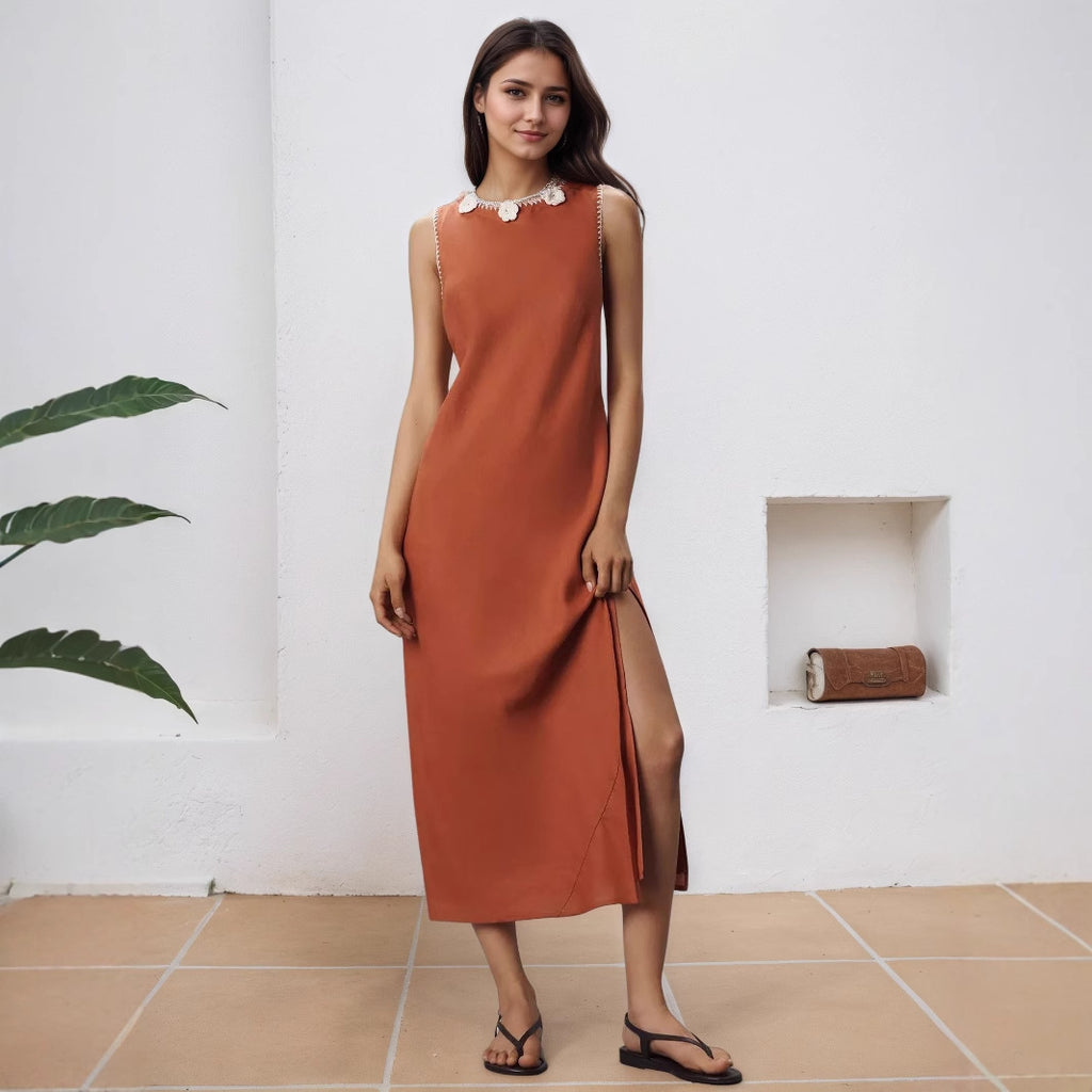 Early Autumn Sleeveless Split Neckline Exquisite Floral Pearl Women Dress