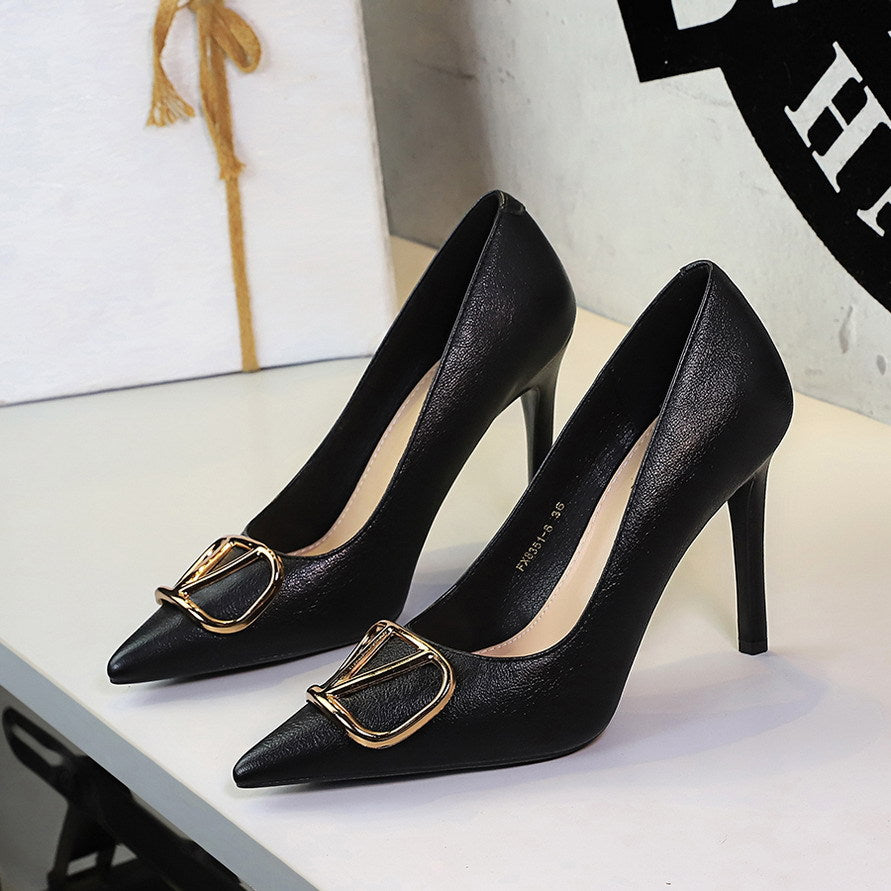 Metal V Buckle Pointed Toe Sexy Super High Heel Stiletto Heel Slip on Pana Pattern Pumps Women