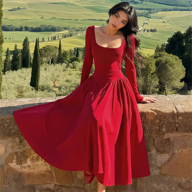 Robe élégante Hepburn française, couleur unie tendance, dos nu, bretelles croisées, coupe ajustée, robe maxi femme