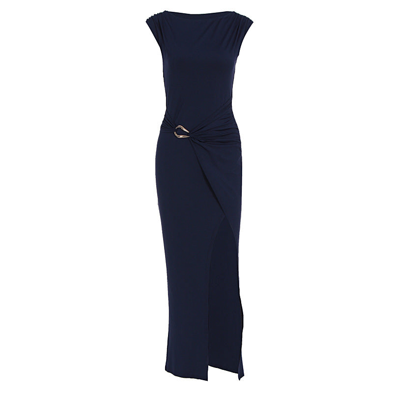Robe d'été unie pour femme, col rond, coupe cintrée et fendue