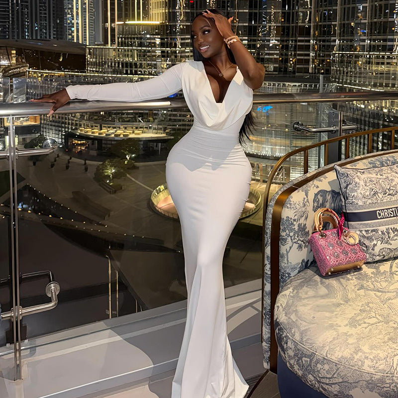 Women Clothing Pleated Solid Color Slim Fit One Step Hip Dress Swing Collar Long Sleeve One Shoulder Maxi Dress