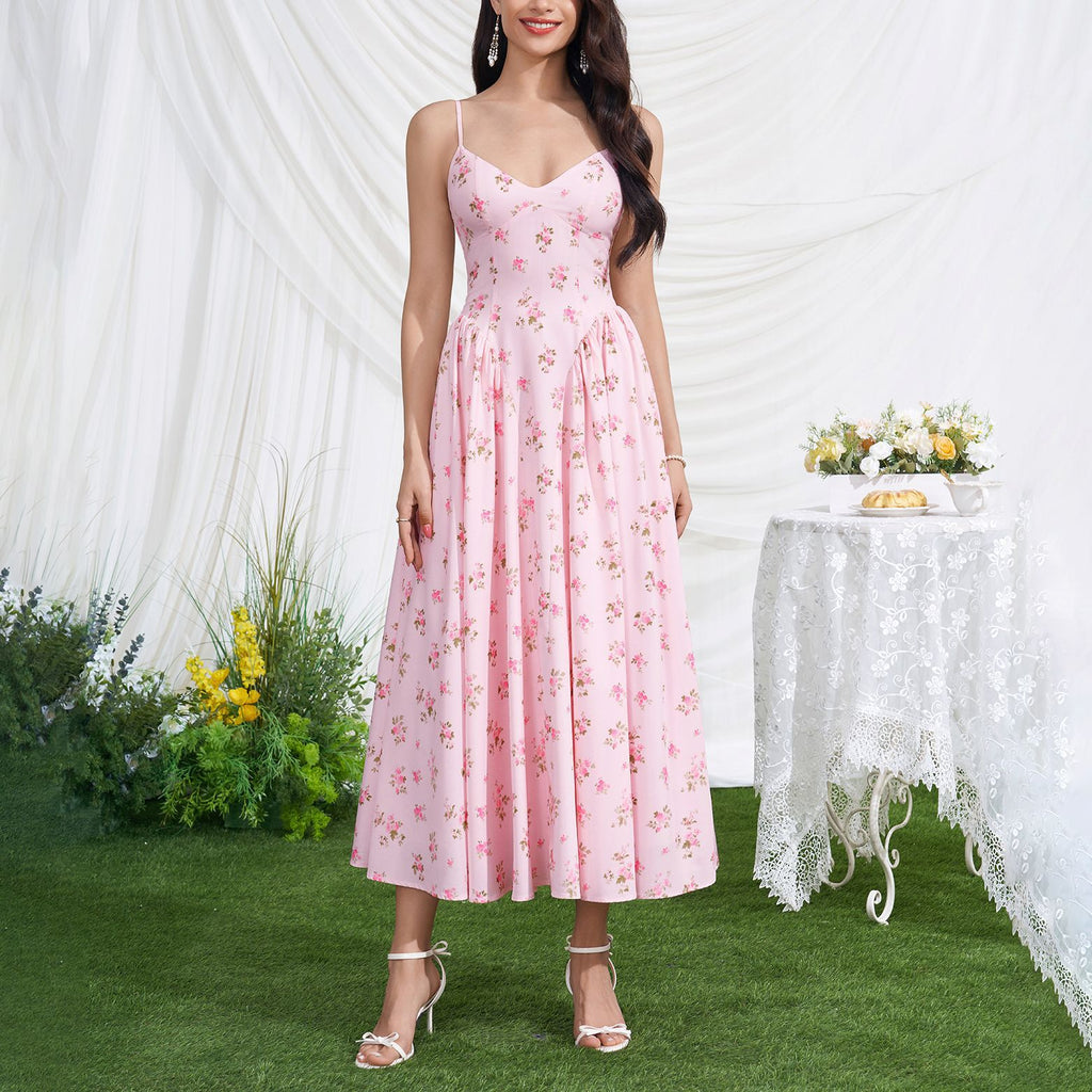 Vacation Low Collar Slip Dress Sexy Backless Lace up Waist Slimming Printed Pleated Midi Dress