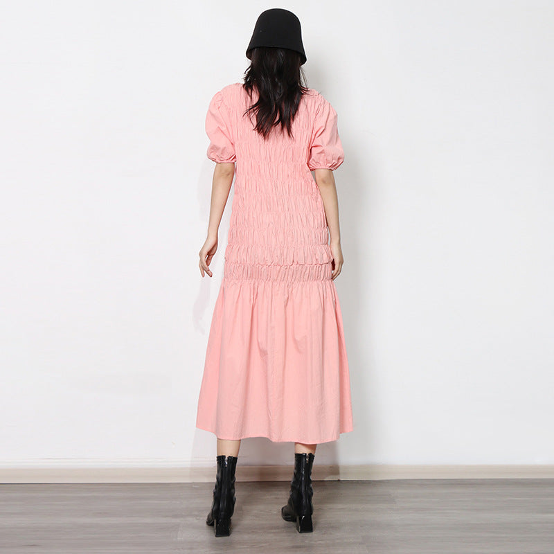 Fresh Sweet Early Spring round Neck Puff Sleeve Personalized Elastic Pleated Design Ruffled Hem Women Dress