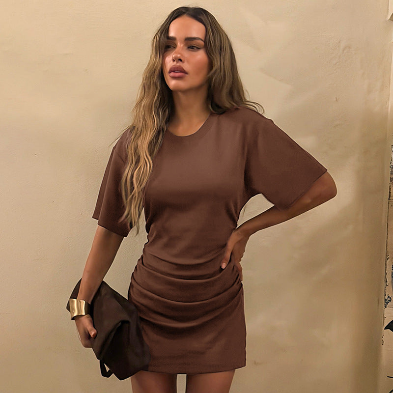 Vestido plisado con escote redondo y cintura de color liso para mujer, primavera y verano