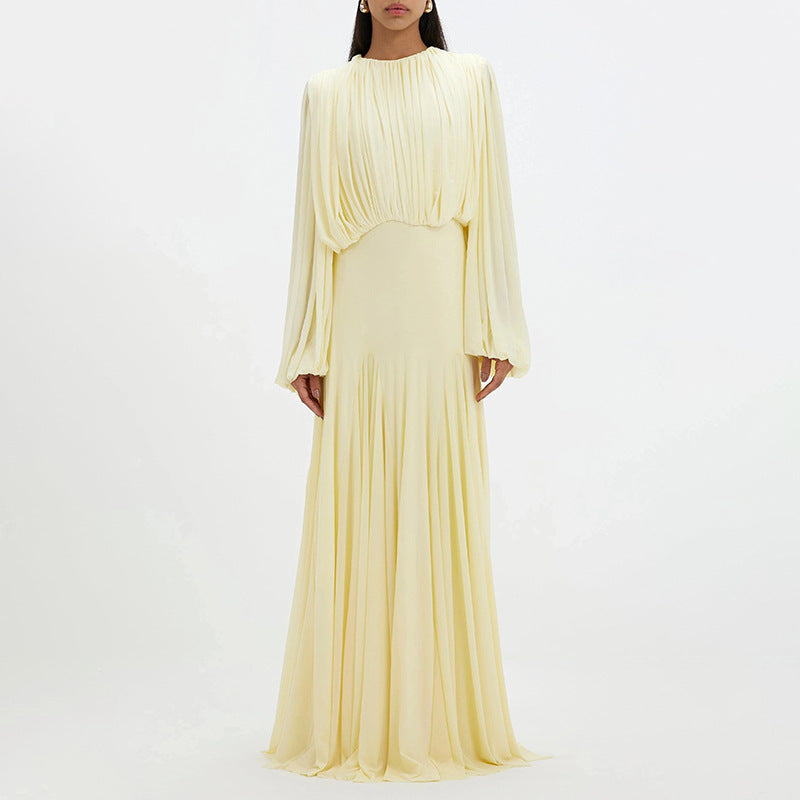 Robe Douce Col Rond Plissée Patchwork Taille Cintrée Maxi Robe de Grande Qualité