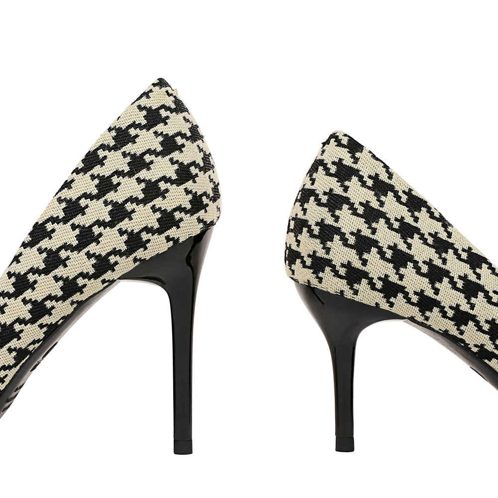 Houndstooth High Heels Stiletto Heel Shallow Mouth Pointed Pearl Chain Plaid Women Shoes