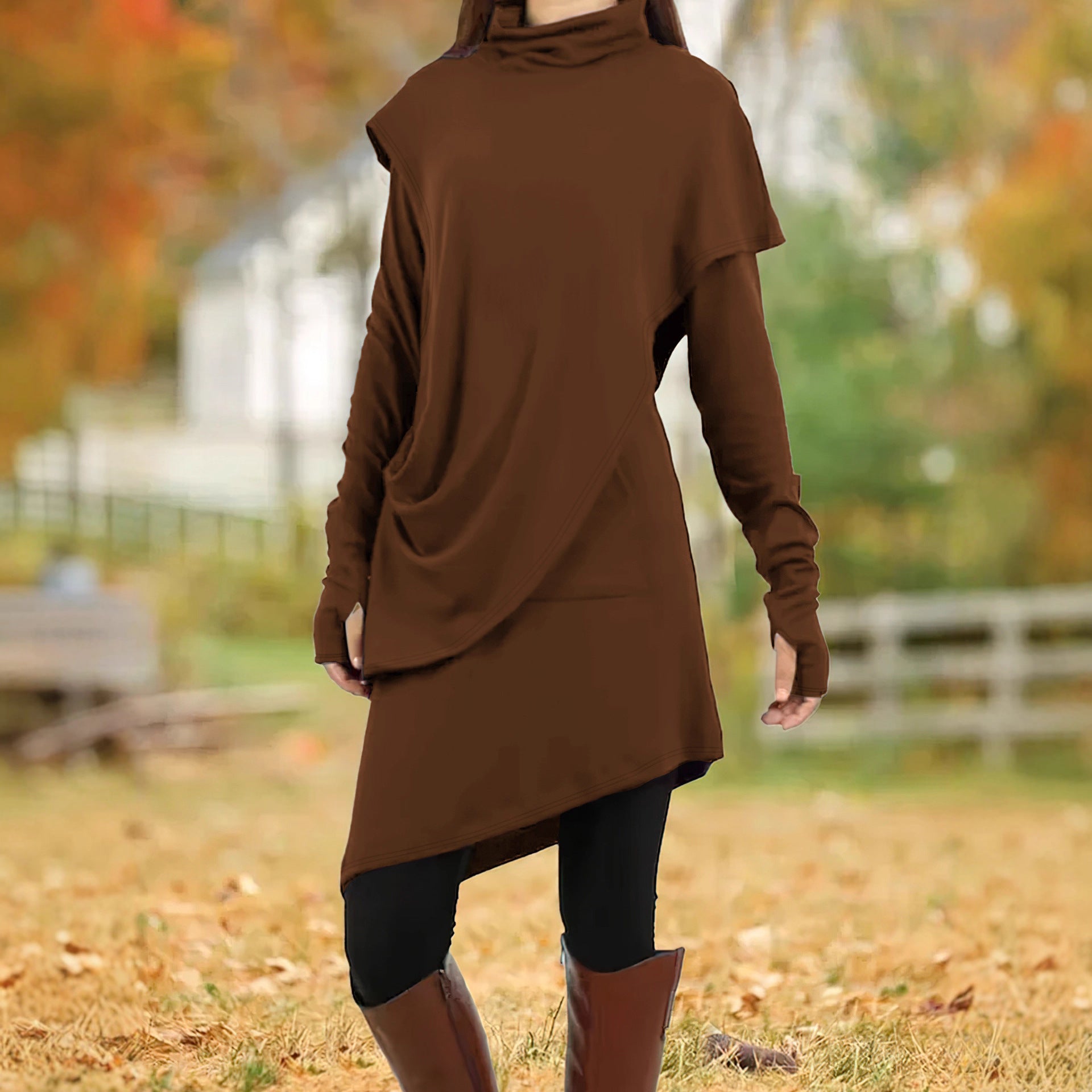 Autumn Winter Black High Collar Irregular Asymmetric Faux Two Piece Long-Sleeved Dress Women