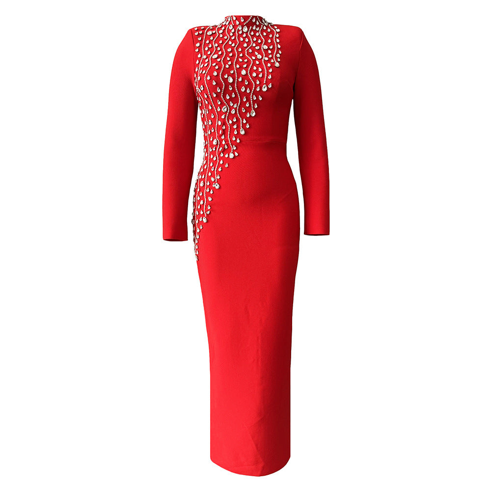 Heavy Industry Manual Rhinestone Long Sleeve Bandage One Piece Dress Socialite Elegant Dress the Dinner Party Maxi Dress