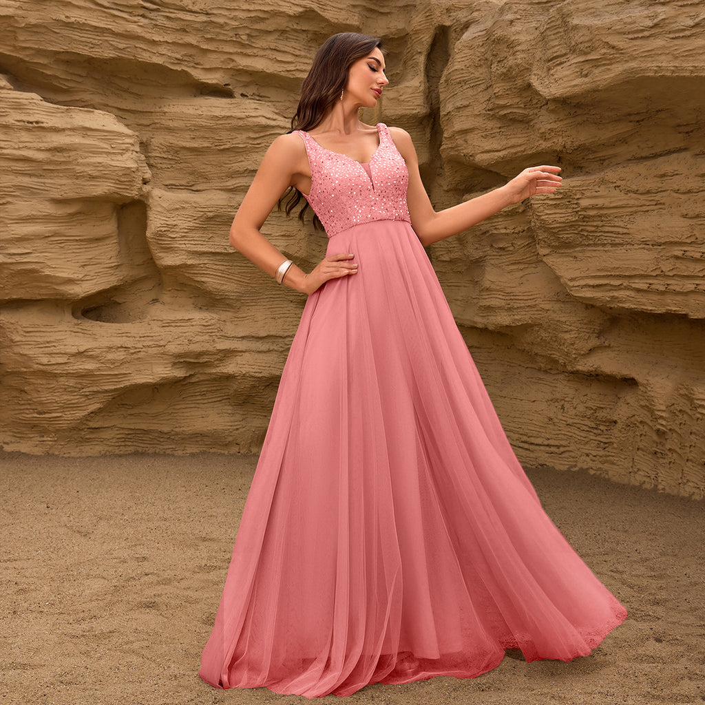 Elegante vestido de fiesta de malla con costura de lentejuelas y cuello doble, sin mangas, dobladillo grande, forro completo, vestido largo para graduación