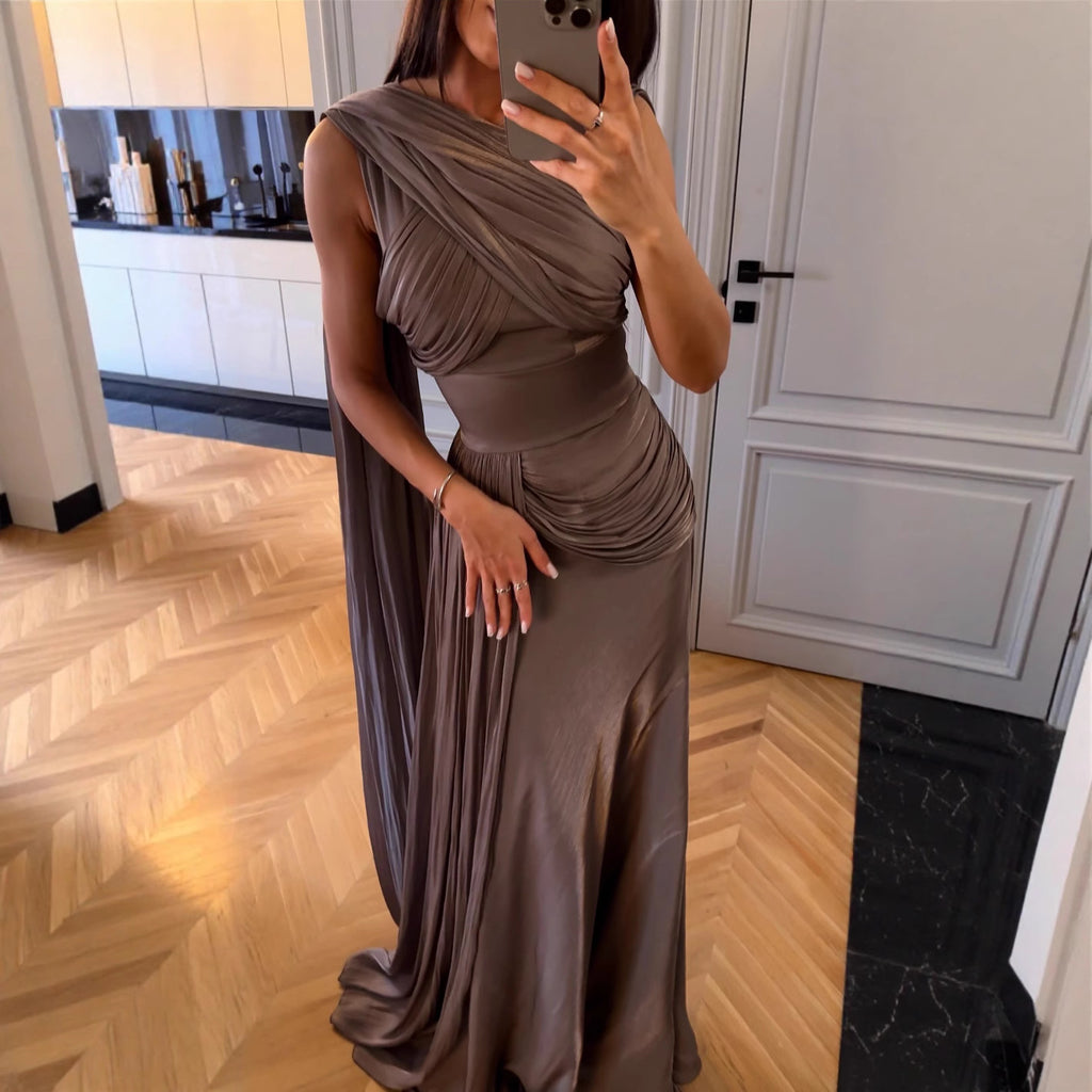 Spring Summer Women Clothing Pleated Ribbon Satin Evening Dress