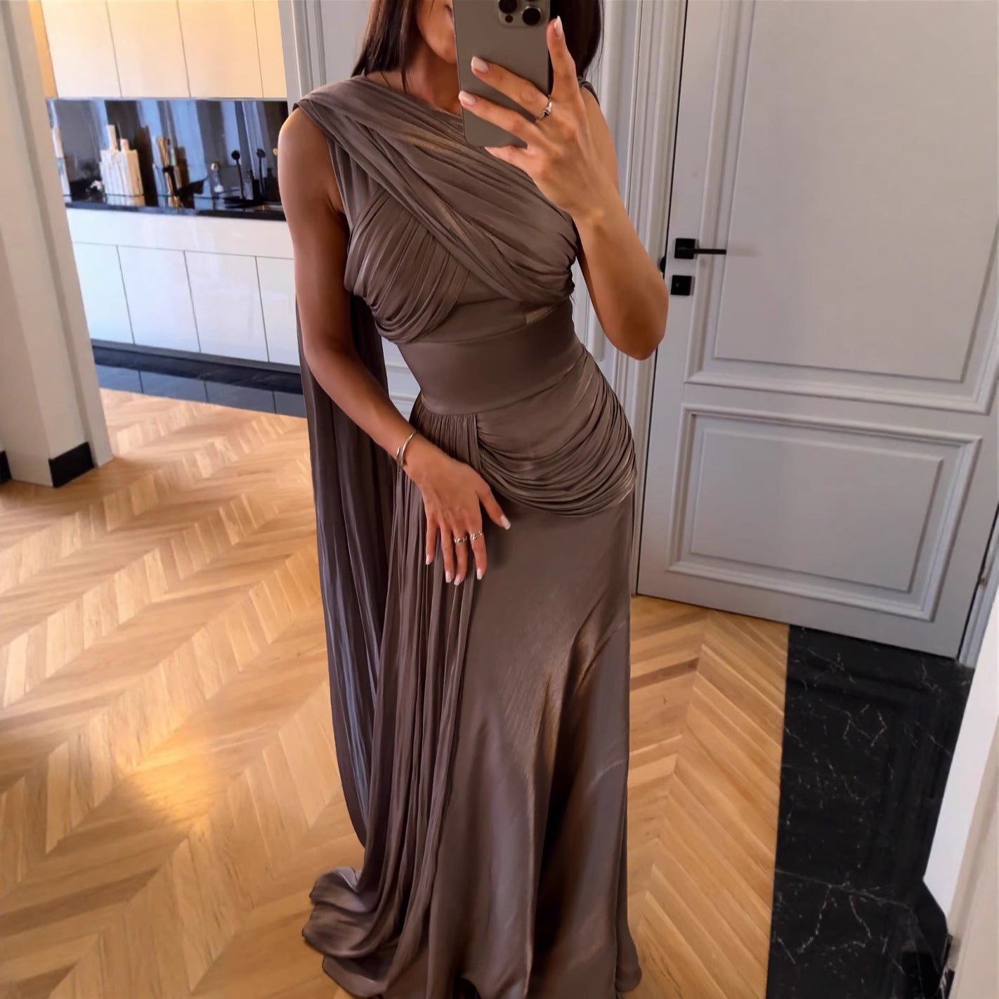 Spring Summer Women Clothing Pleated Ribbon Satin Evening Dress