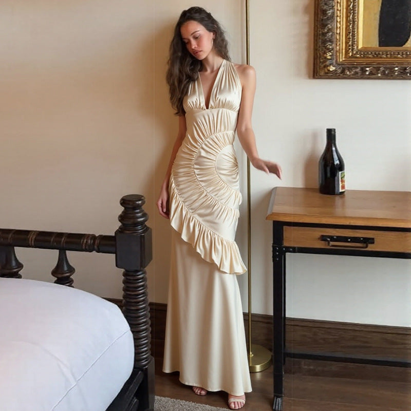 Vestido elegante de otoño e invierno para mujer, color liso, escote en V, espalda descubierta, ajustado y plisado