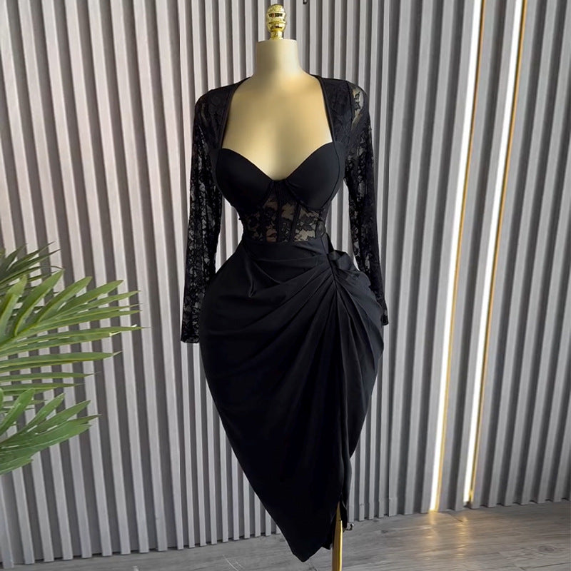 Women Clothing Spring Elegant Square Collar Lace Long Sleeve High Waist Slimming Midi Dress