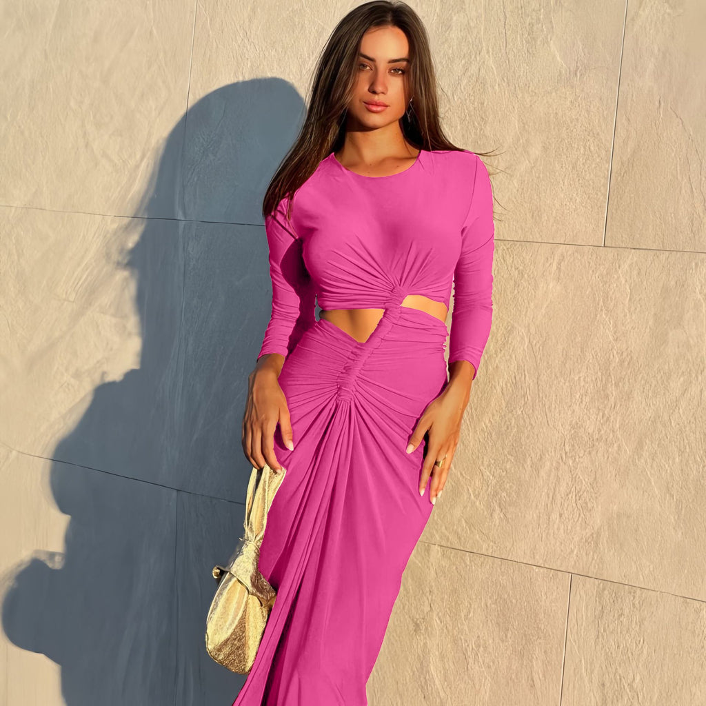 Autumn Winter Women Clothing Fashionable Pleated round Neck High Slit Slim Fit Long Sleeved Dress