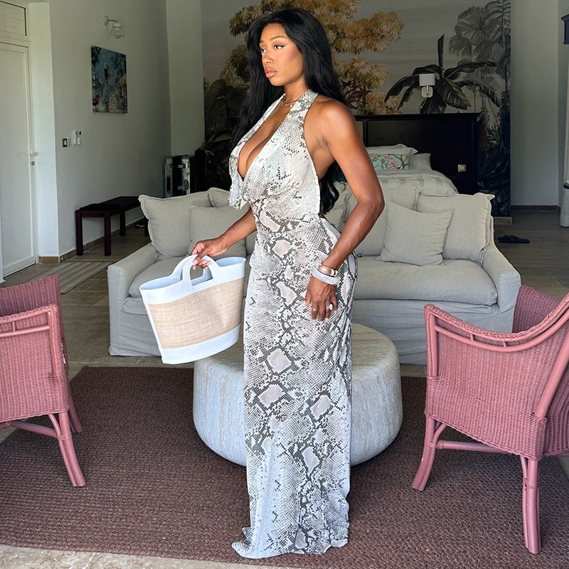 Gray White Printing Women Halter Swing Collar Hip Waist Controlled Low Cut Long Dress