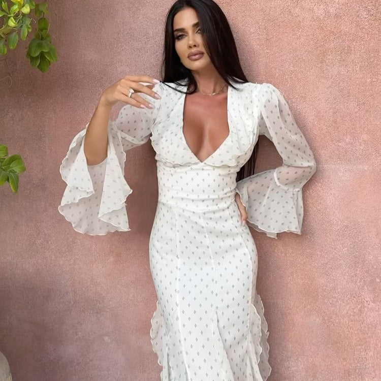 Robe longue en mousseline imprimée numérique, style printemps-automne, manches cloche à volants et taille haute, pour femme.