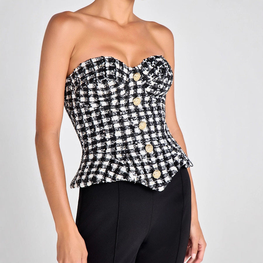 Classic Plaid Tube Top Drawstring Slim Fit Top Retro Women Clothing Party