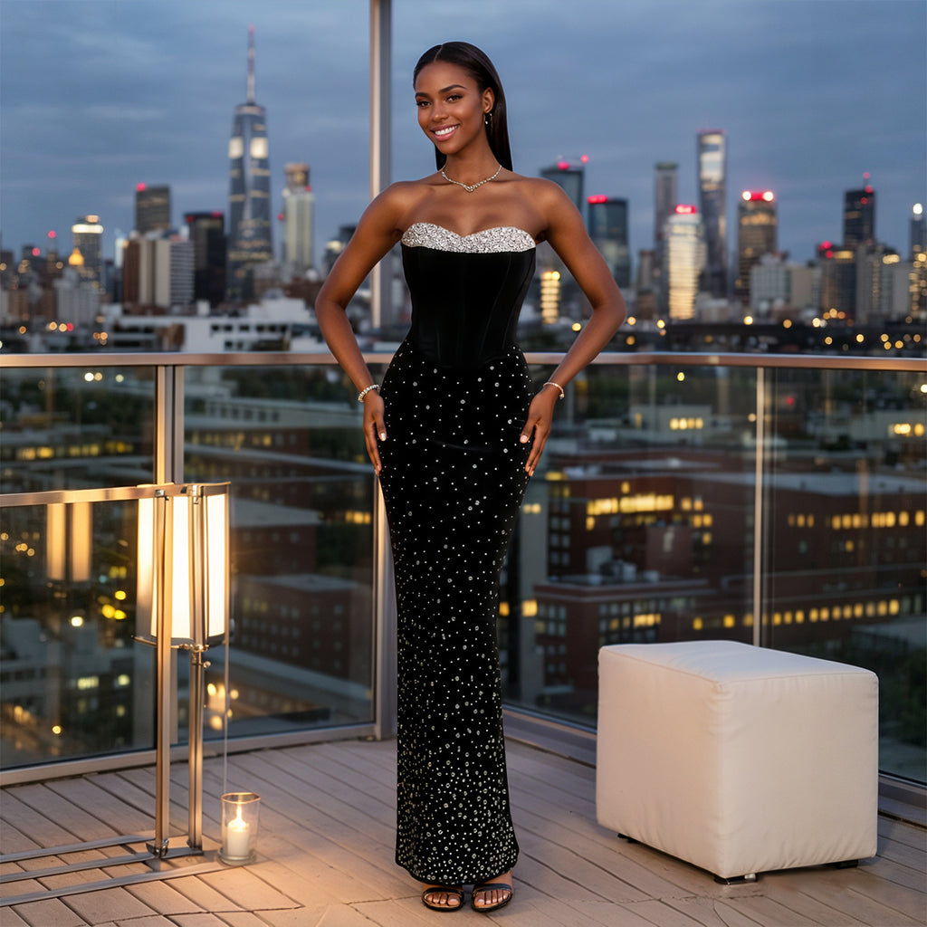 Robe de soirée élégante bustier orné de strass pour femme