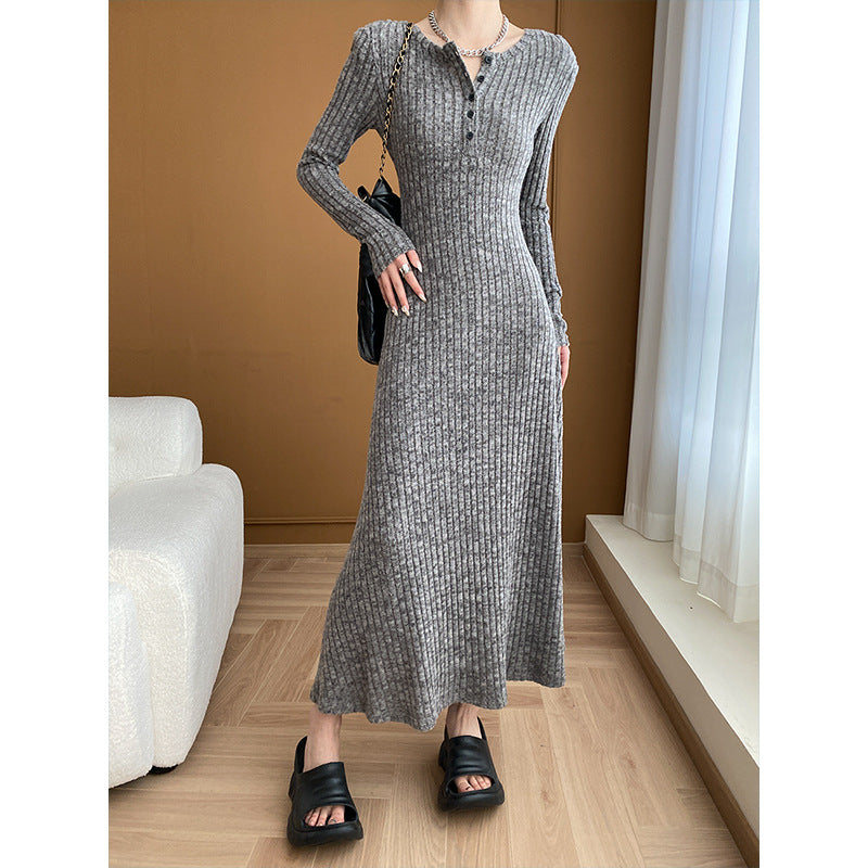 French Sunken Stripe Padded Shoulder Slimming Knitted Dress Early Spring
