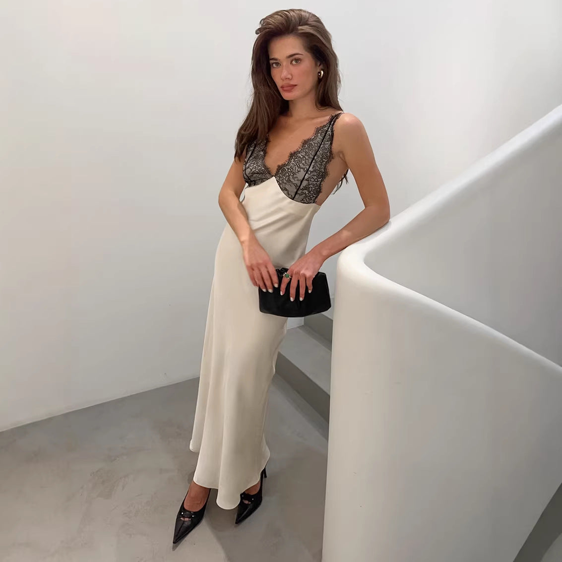 Summer Sexy V neck Lace Stitching Satin Dress Women Slim Fit Maxi Dress