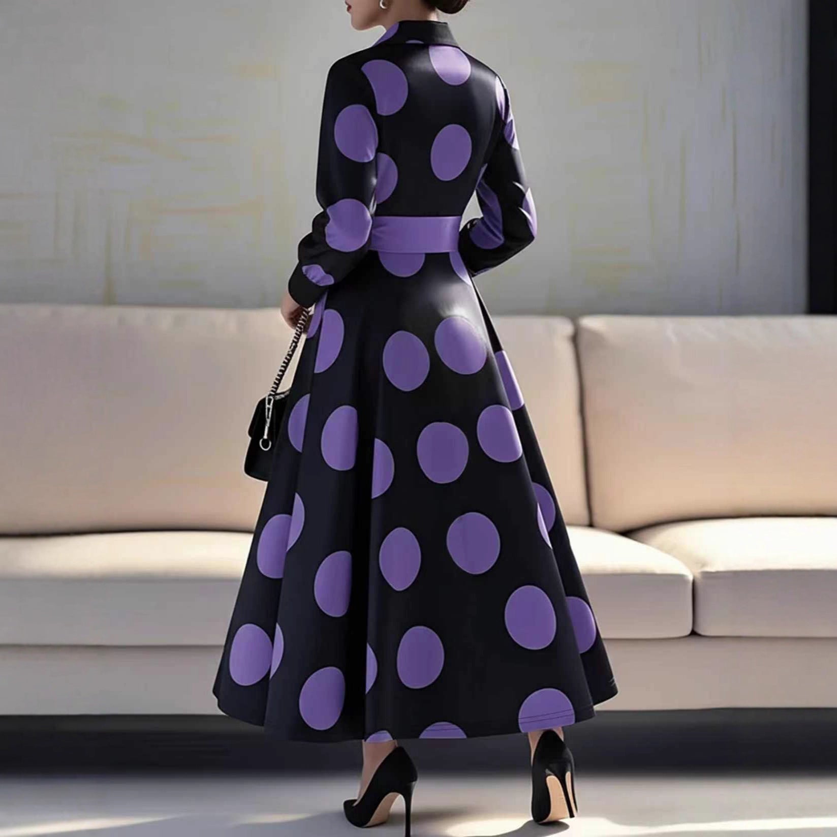 Women Clothing V neck Elegant Printed Waist Dignified Dress