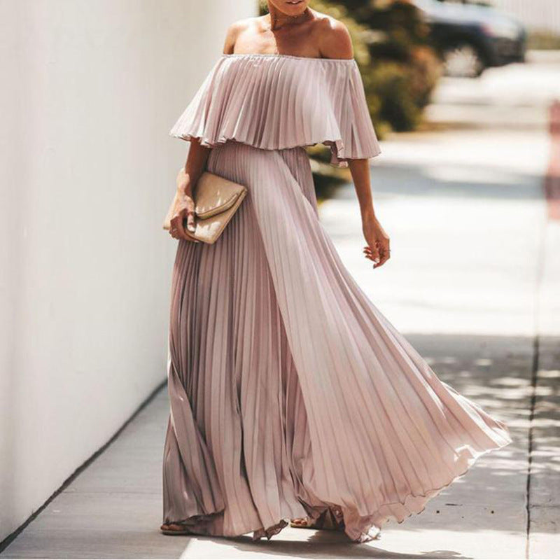 Spring Summer Women Clothing Sexy off-Shoulder Tube Top Folding Chiffon Party Formal Dress