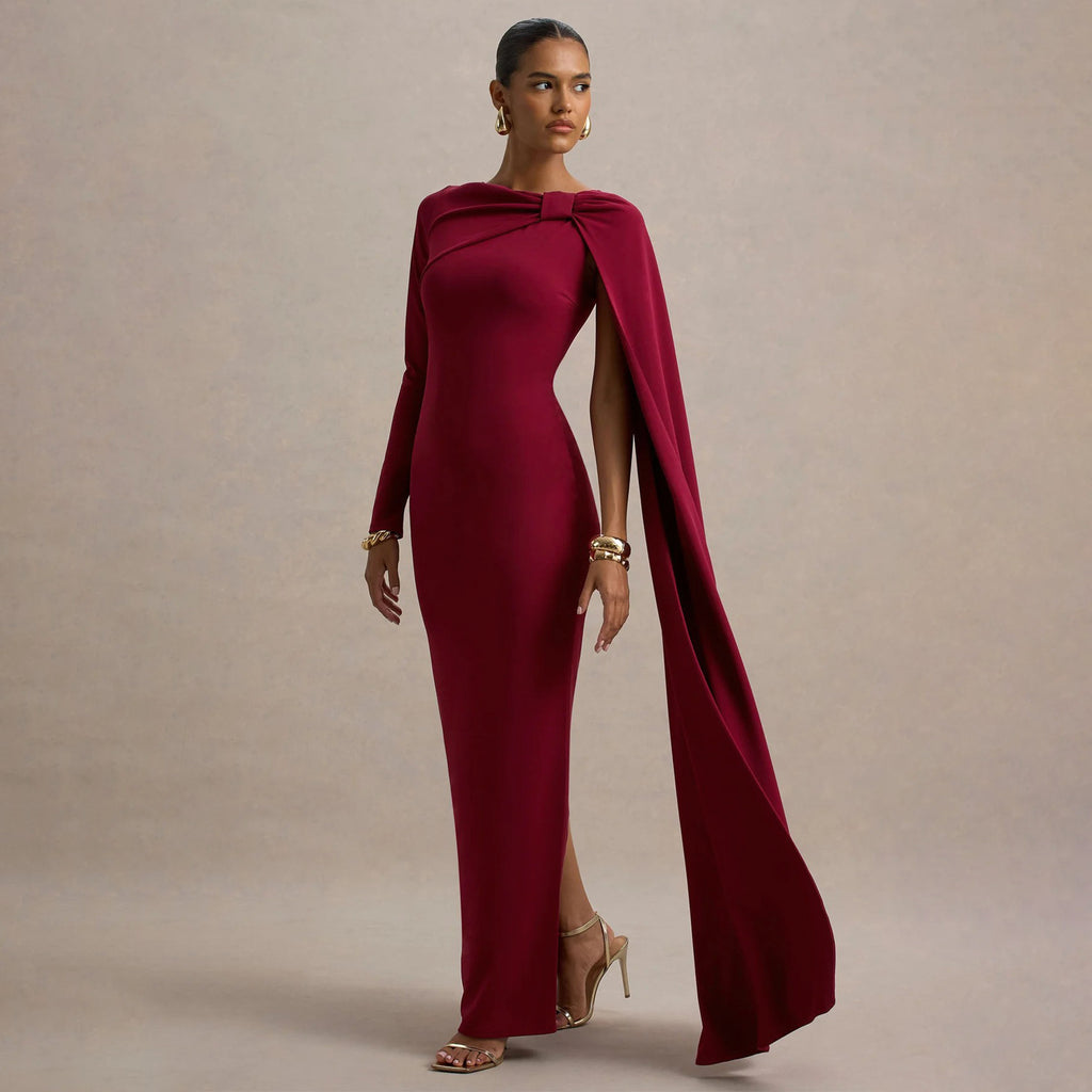 Women Wear One Shoulder Ribbon Evening Dress Long Sleeve Sexy Sheath Dress