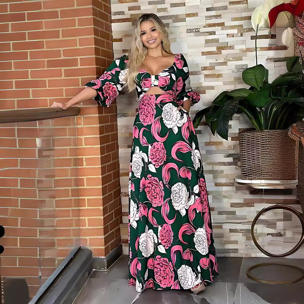 Vestido largo de manga larga con cuello cuadrado y lazo para mujer, diseño calado y aberturas