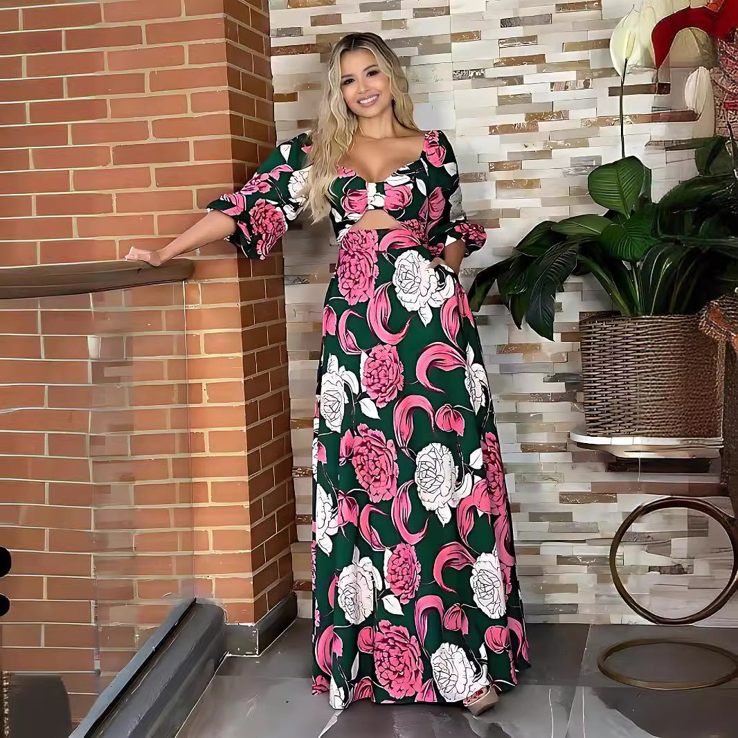 Vestido largo de manga larga con cuello cuadrado y lazo para mujer, diseño calado y aberturas